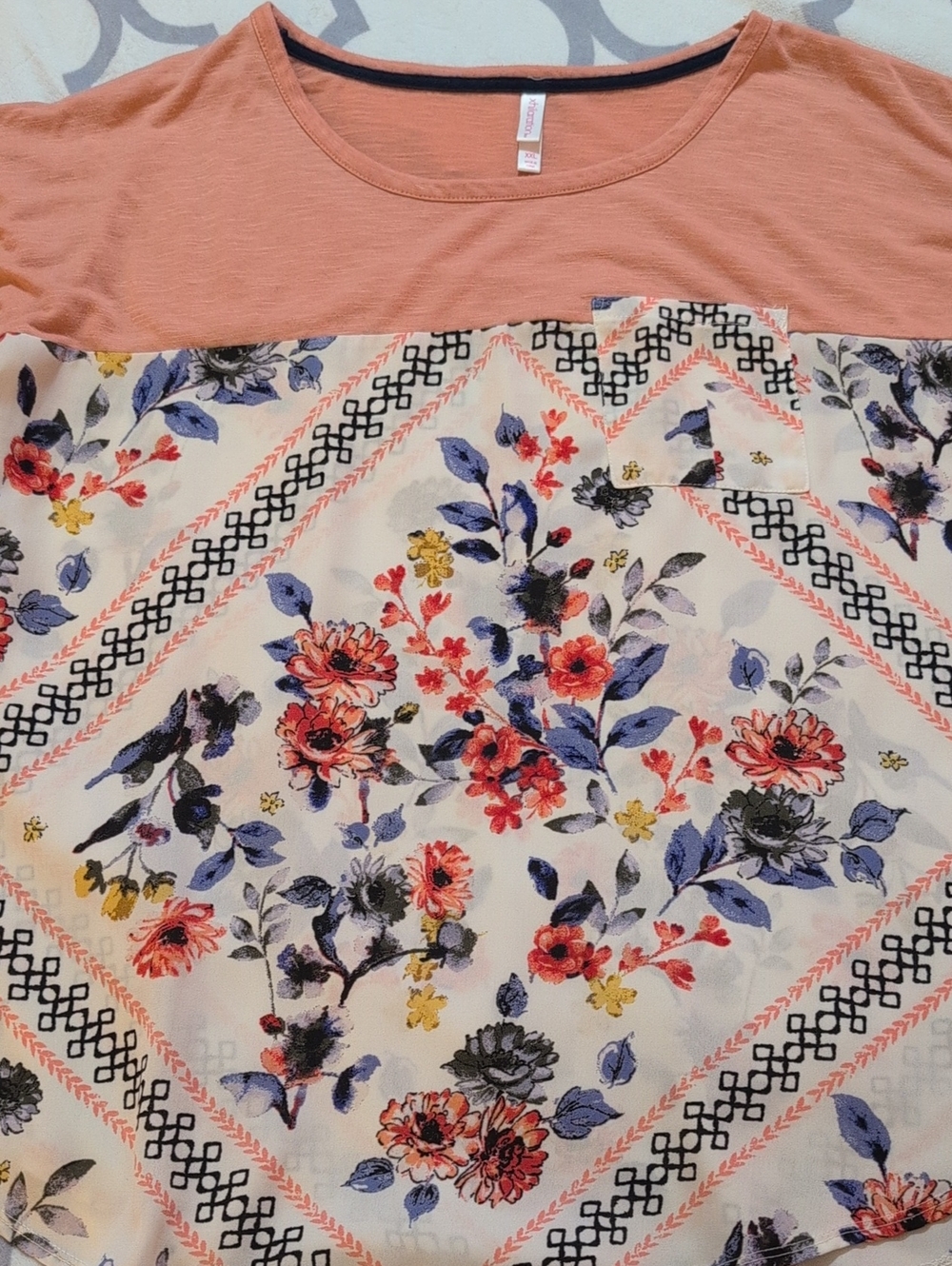 Women's Coral Floral Panel Short Sleeve Top